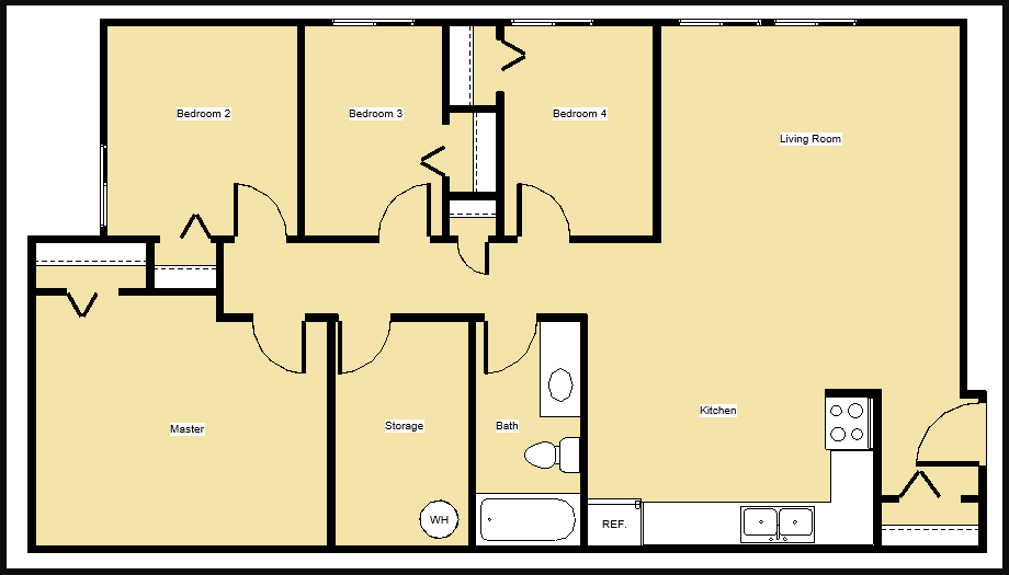 Floor plan for 4 beds, 1 bath, 1145 sqft